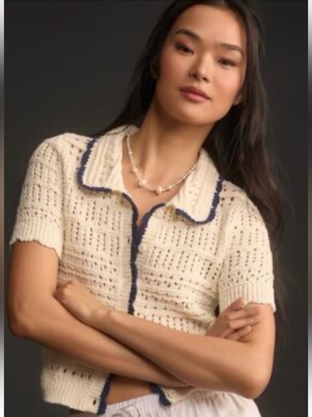NWT Maeve Anthropologie Ivory Short Sleeve Open Stitch Polo Cardigan Sweater XS